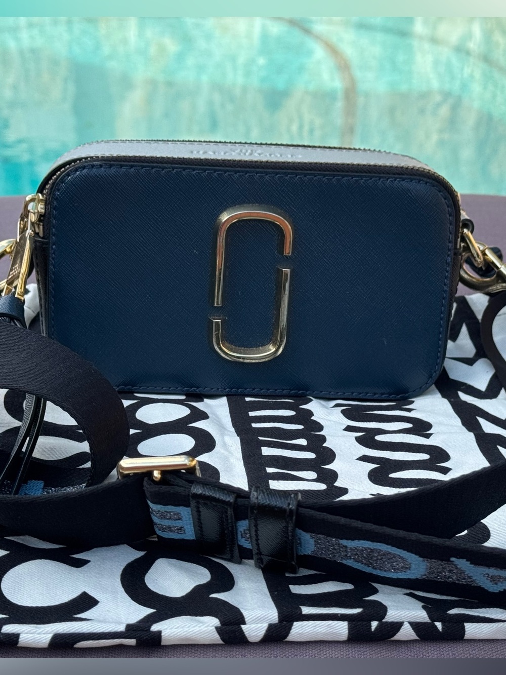 Marc Jacobs Snapshot Crossbody Camera Bag in Navy Gold Black Logo Strap w/Duster